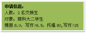 文本框: 申请信息：人数：2名交换生对象：商科大二员工雅思6.0，写作>6.5；托福80,写作>25
